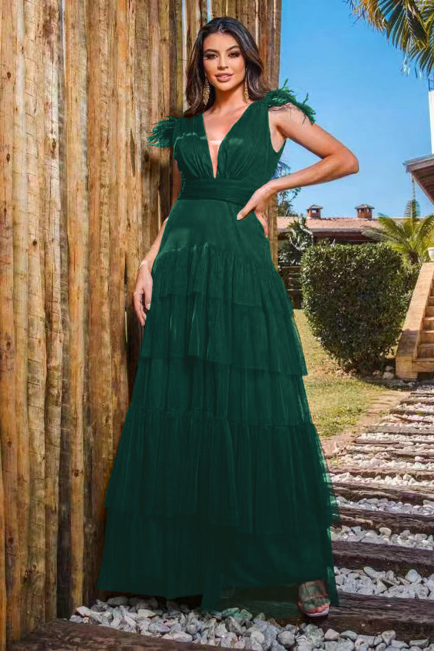 Peacock Straps Deep V-Neck Tulle Prom Dress With Feathers Layered ED0387