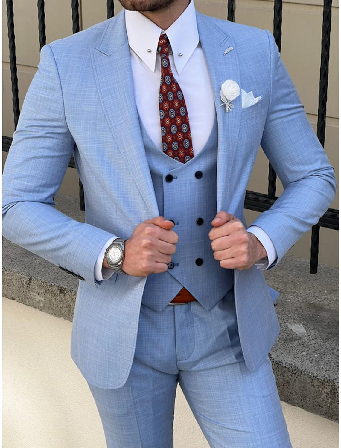 Men's Tailored Fit Single Breasted Two-buttons 3 Pieces Solid Colored Wedding Suits