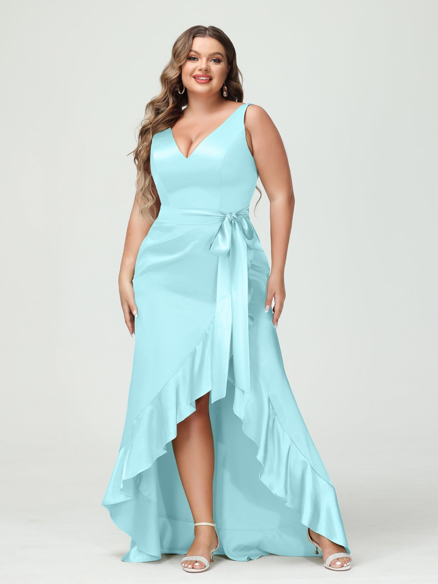 Sheath/Column V-Neck Sleeveless Ruffles High Low Plus Size Dresses with Pockets & Sash