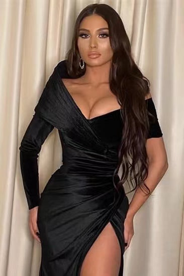 Black Off-The-Shoulder Long Sleeve Prom Dress With Mermaid Split ED0404