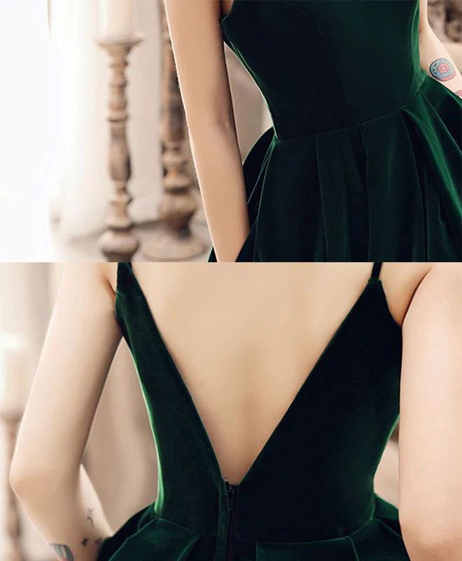 Dark Green V Back Long Velvet Elegant Party Dress, A-Line Straps Bridesmaid Dress  gh109