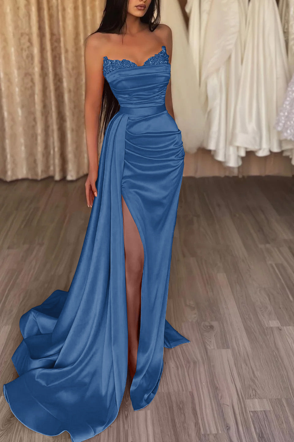 Orange Strapless Long Mermaid Prom Dress Split With Ruffles PD0857