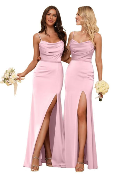 Sheath/Column Spaghetti Straps  Sleeveless Floor Length Bridesmaid Dresses  Satin with Ruffles Split