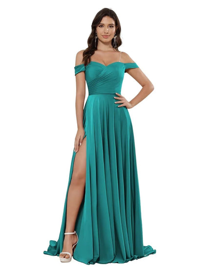 A Line/Princess Satin Off-the-shoulder Sleeveless Floor-Length Bridesmaid Dresses