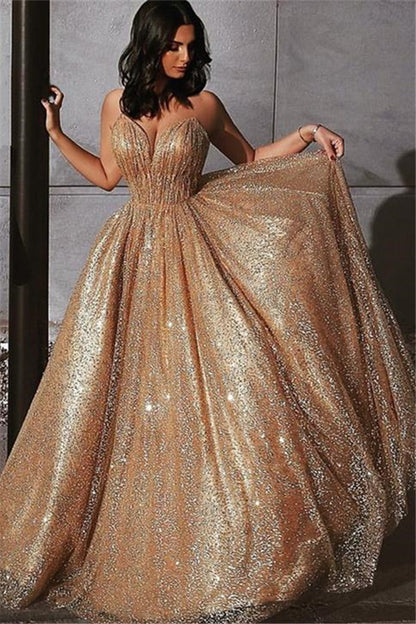 Gold Sequins Long Prom Dress PD028