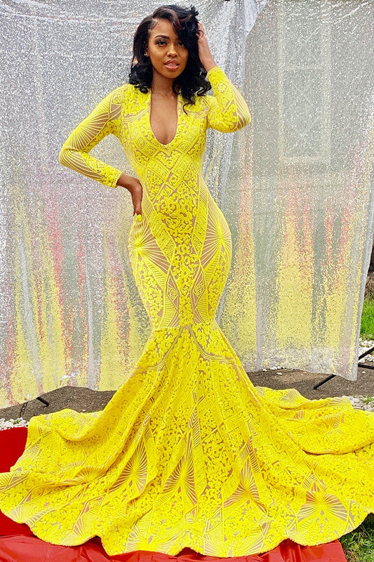 edgynewlook Bright Yellow Long Sleeves Mermaid Prom Dress Sleeveless Trumpet