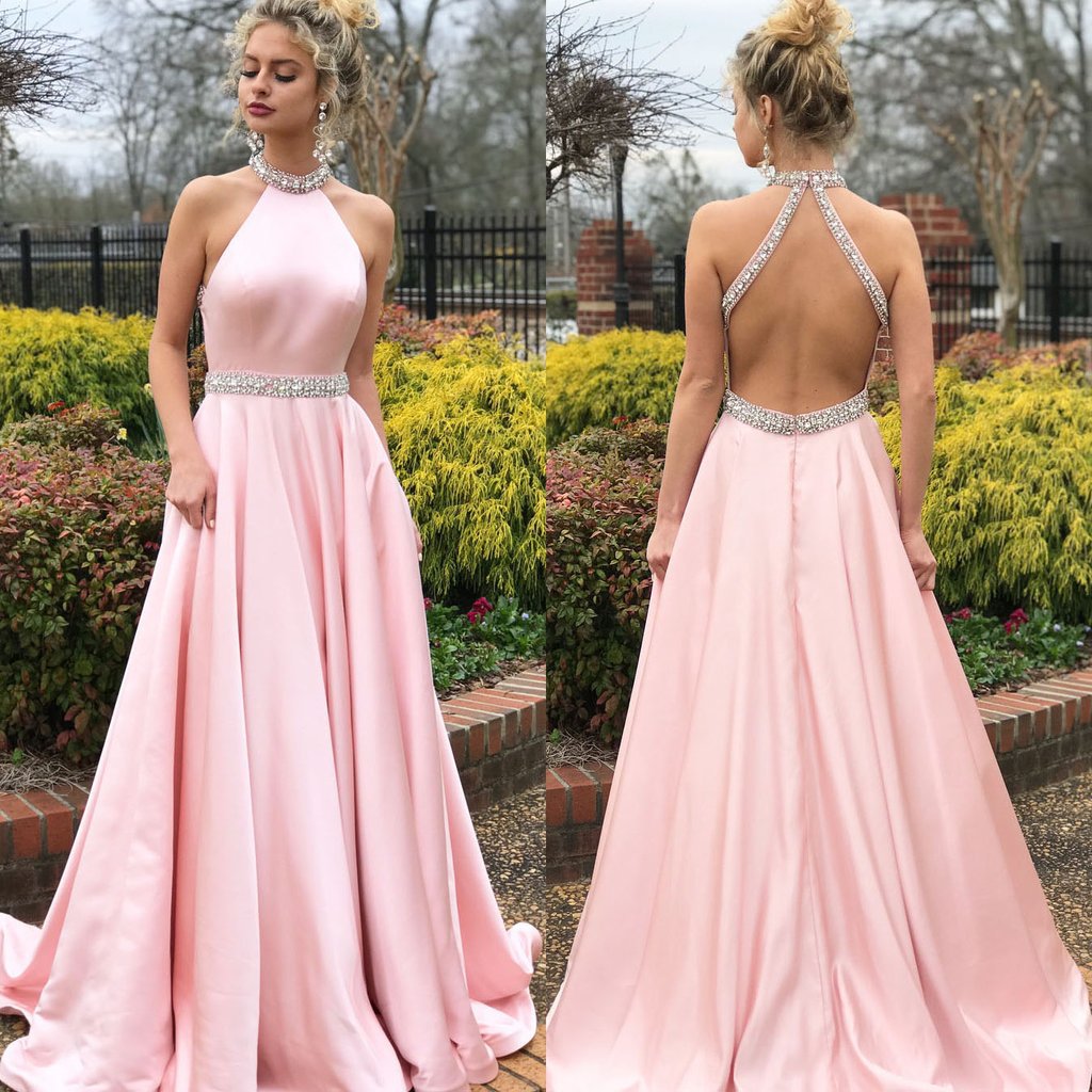 Pink Halter Sleeveless Mermaid Prom Dress With Beads PD0602