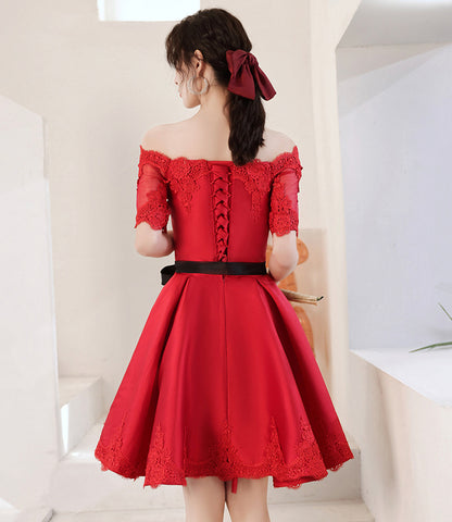 Red satin lace short prom dress red homecoming dress  8960