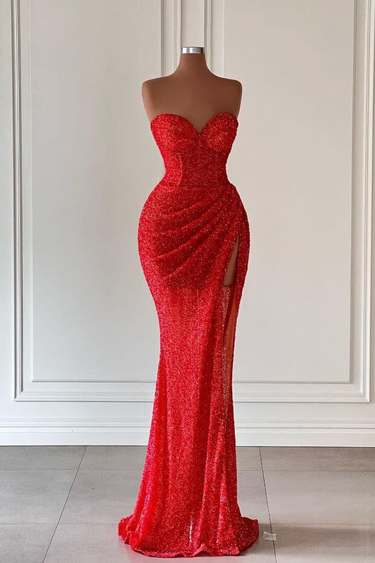 Red Sleeveless Sweetheart Long Mermaid Sequins Prom Dress With Split ED0220