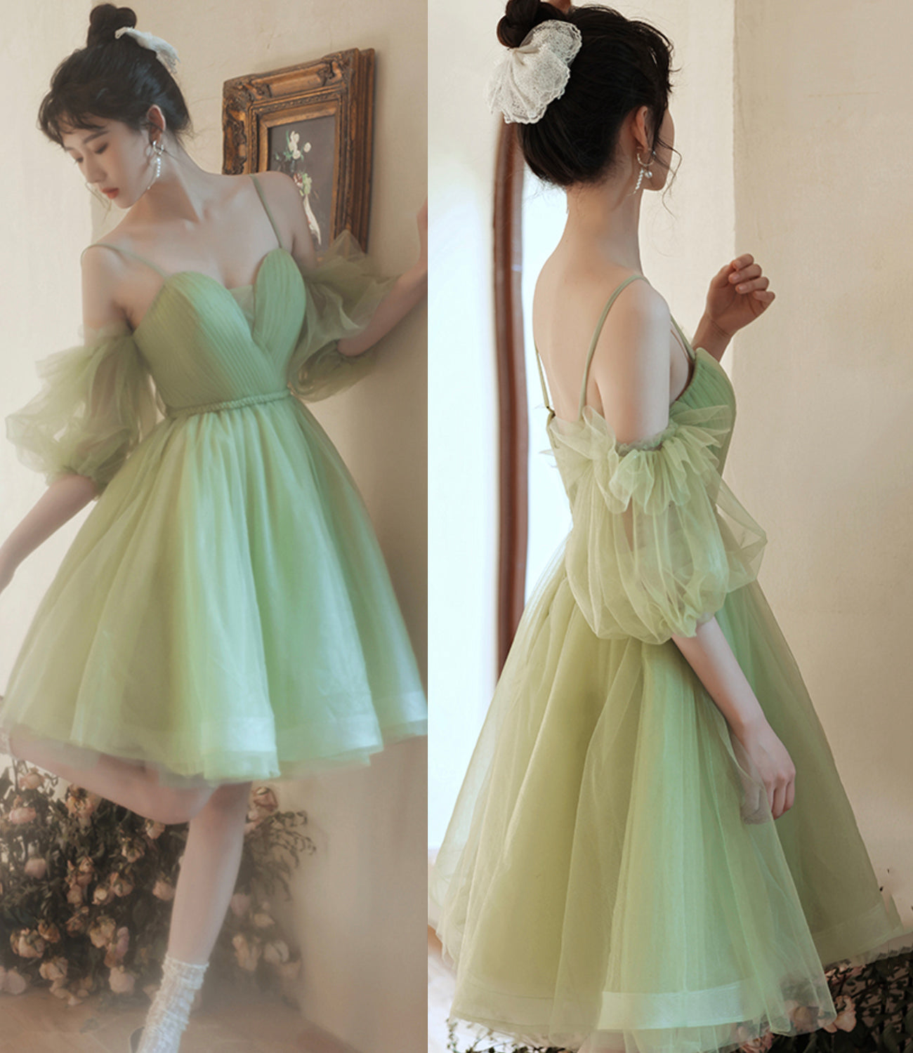 Green tulle short prom dress cocktail dress  8983