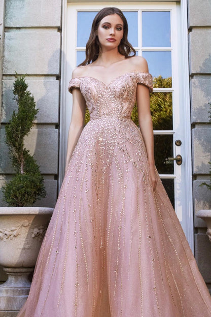 Pink Off-The-Shoulder Sweetheart Beads Prom Dress With Sequins Tulle ED0284