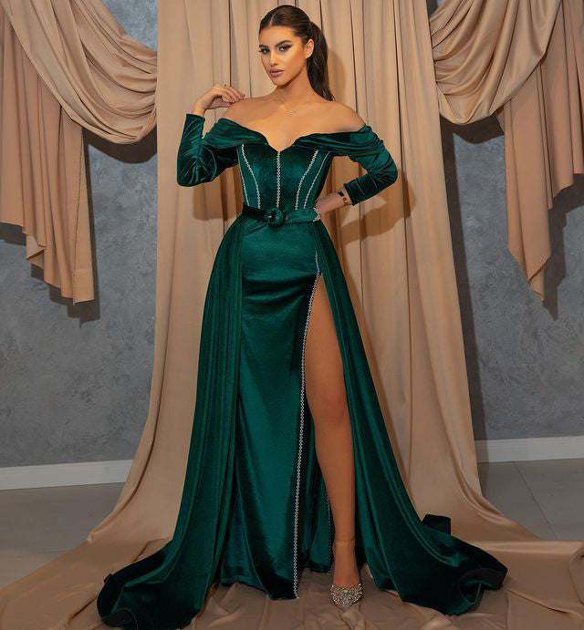 Dark Green Long Sleeves Front Split Mermaid Sweetheart Prom Dress With Belts ED0166