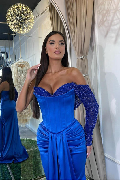 edgynewlook Amazing Royal Blue Satin One Shoulder Long Sleeves Sweetheart Mermaid Prom Dress with Beadings