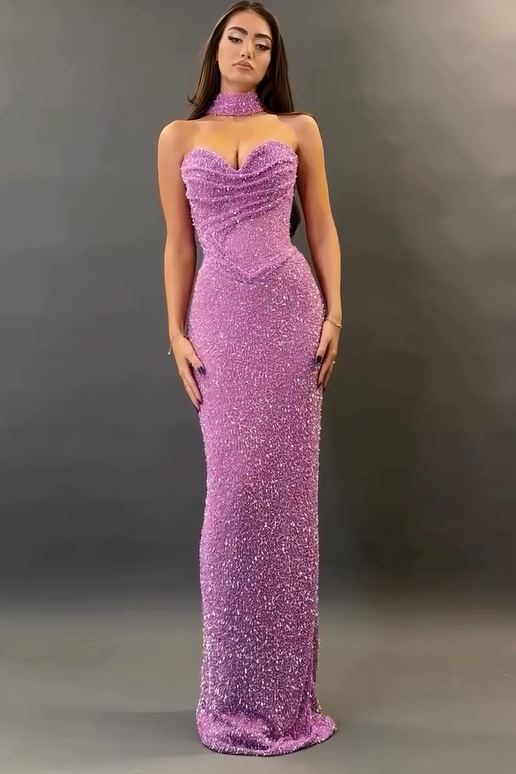 edgynewlook Charming Purple Sequins Sweetheart Sleeveless Mermaid Prom Dress with Pleated