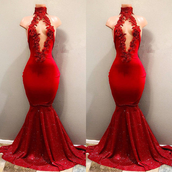 Red High Collar Prom Dress Mermaid Sequins PD0645