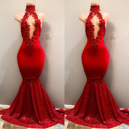 Red High Collar Prom Dress Mermaid Sequins PD0645