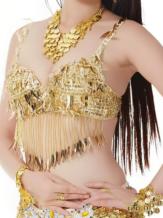 Belly Dancewear Chili Pepper Tassel Sleeveless Bra with Sequins & Beading