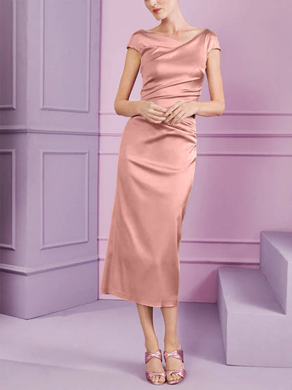 Sheath/Column Cowl Neck Short Sleeves Tea-Length Mother of the Bride Dresses with Ruffles