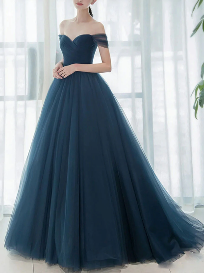 Simple blue off shoulder long prom dress, v neck tulle bridesmaid dress gh2288