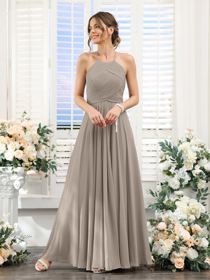 A-Line/Princess Halter Sleeveless Floor-Length Chiffon Bridesmaid Dresses with Ruched