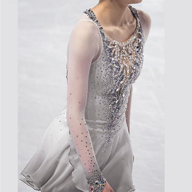 Women's Girls' Long Sleeves Training Practice Sparkly Ice Figure Skating Dress with Rhinestone