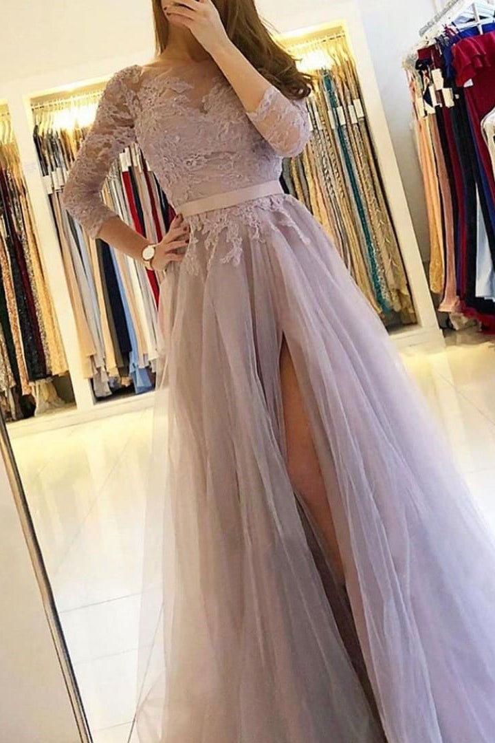 Long Sleeves A-Line Prom Dress Split With Lace PD0862