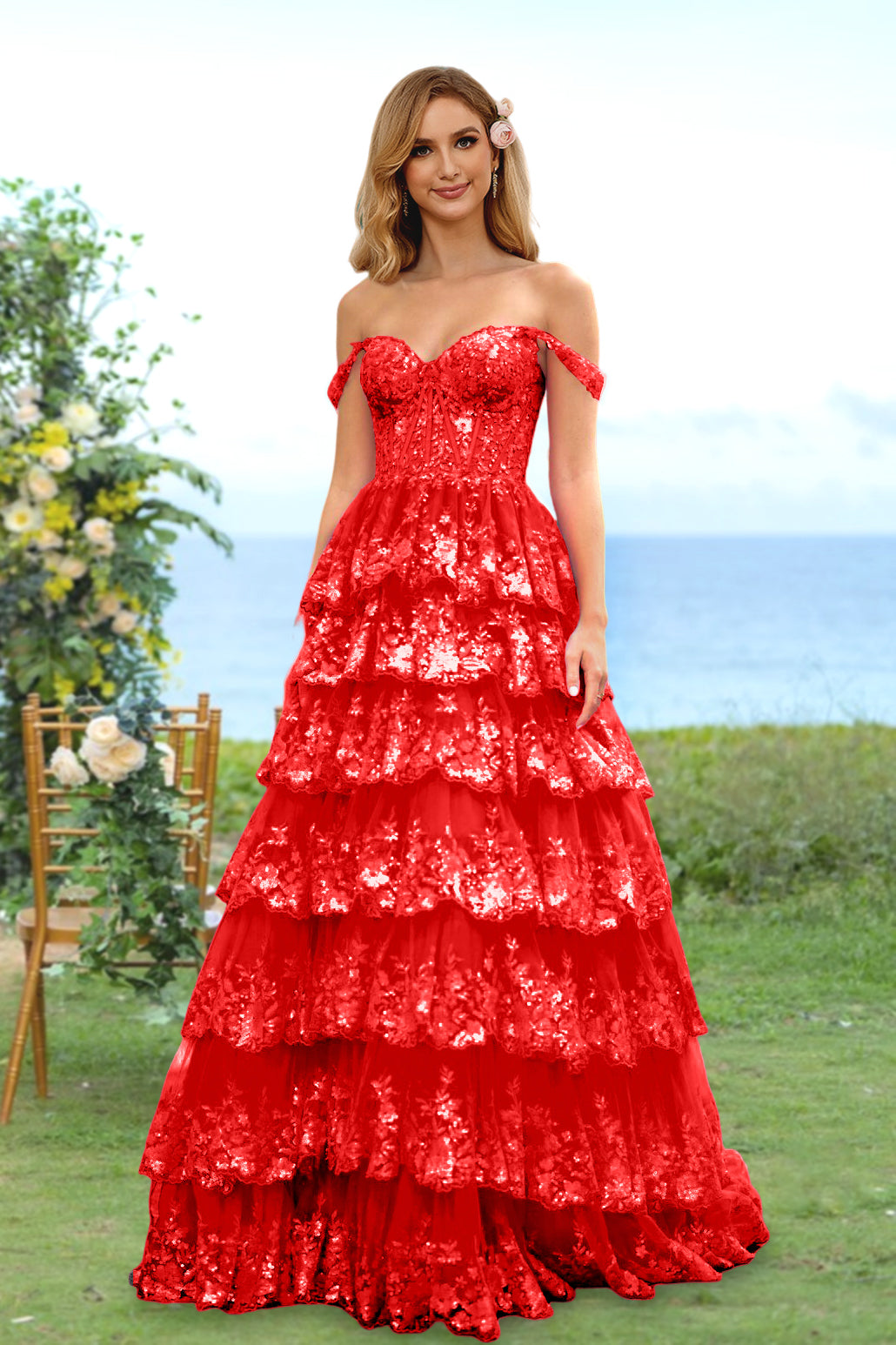 A-Line/Princess Sweetheart Off-the-Shoulder Long Prom Evening Party Floral Dresses with Sequins & Ruffles