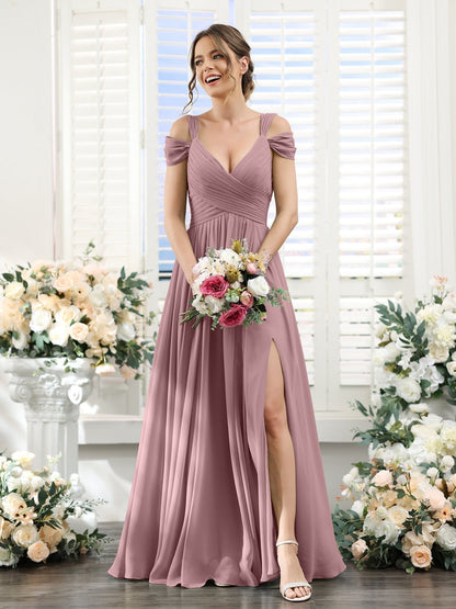 A-Line/Princess V-Neck Floor-Length Chiffon Bridesmaid Dresses with Split Side & Ruched