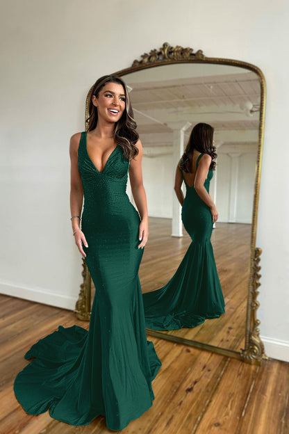 Green Prom Dress Wide Shoulder V Neck Long Mermaid Beads YL0117