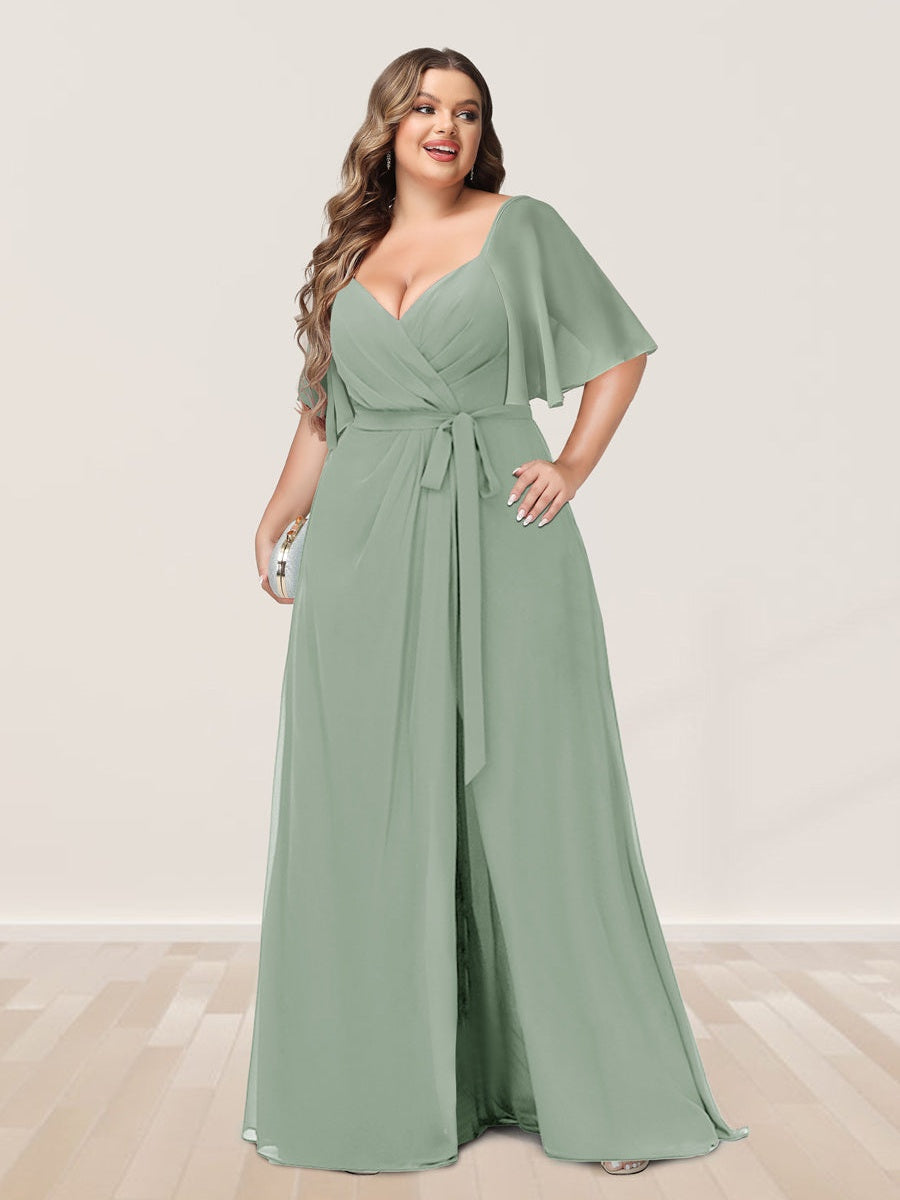 A-Line/Princess V-Neck Half Sleeves Plus Size Bridesmaid Dresses with Split Side