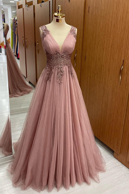 Dusty Pink V-Neck Sleeveless Prom Dress Tulle Long With Appliques ED0153