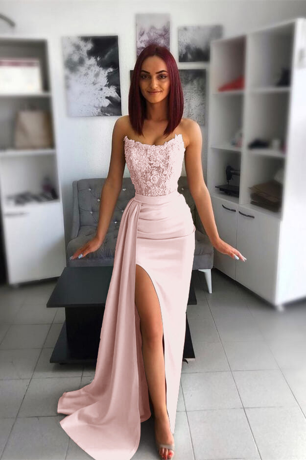 Chic Pink Evening Dress Prom Dress With Applique Belt Slit Hollowing Out