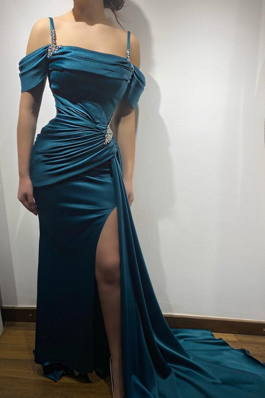 Ink Blue Elegant Beaded Spaghetti-Straps Split Prom Dress ZT0317