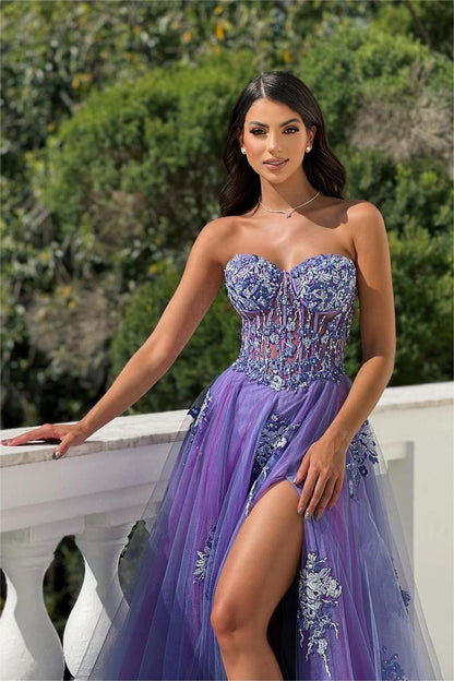 edgynewlook Glamorous Purple Tulle Strapless Sleeveless Beadings Split Prom Dress with Applique