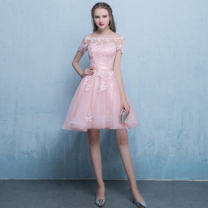 Cute pink tulle lace short prom dress party dress  8311