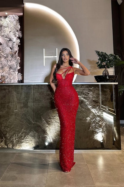 Luxurious Sheath Red Sequins Beaded One-Shoulder Prom Dress ZT0548