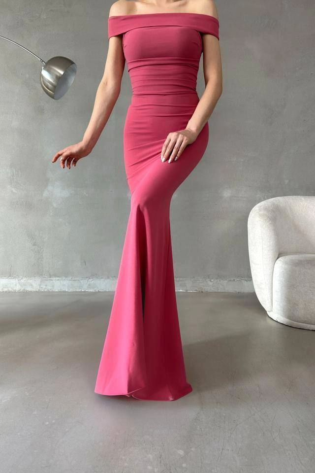 edgynewlook Charming Fuchsia Satin Off the Shoulder Strapless Long Prom Dress with Pleated