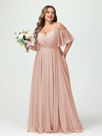 A-Line/Princess/Princess Spaghetti Straps Half Sleeves Chiffon Plus Size Bridesmaid Dresses with Pockets