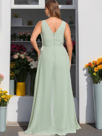 Pantsuit/Jumpsuit V-Neck Sleeveless Unique Chiffon Floor-Length Plus Size Bridesmaid Dresses with Ruffles