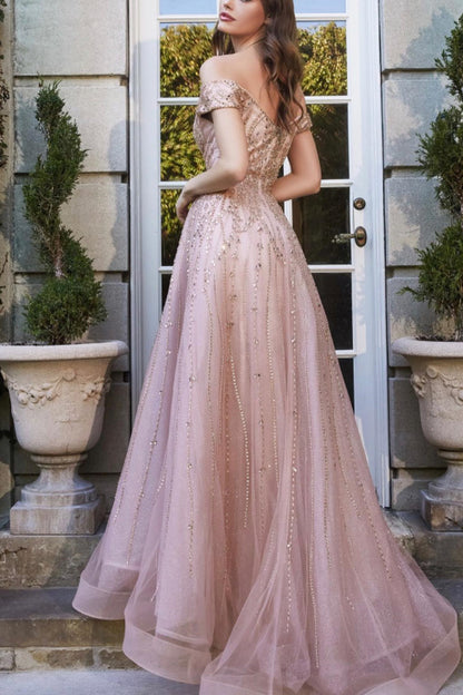 Pink Off-The-Shoulder Sweetheart Beads Prom Dress With Sequins Tulle ED0284