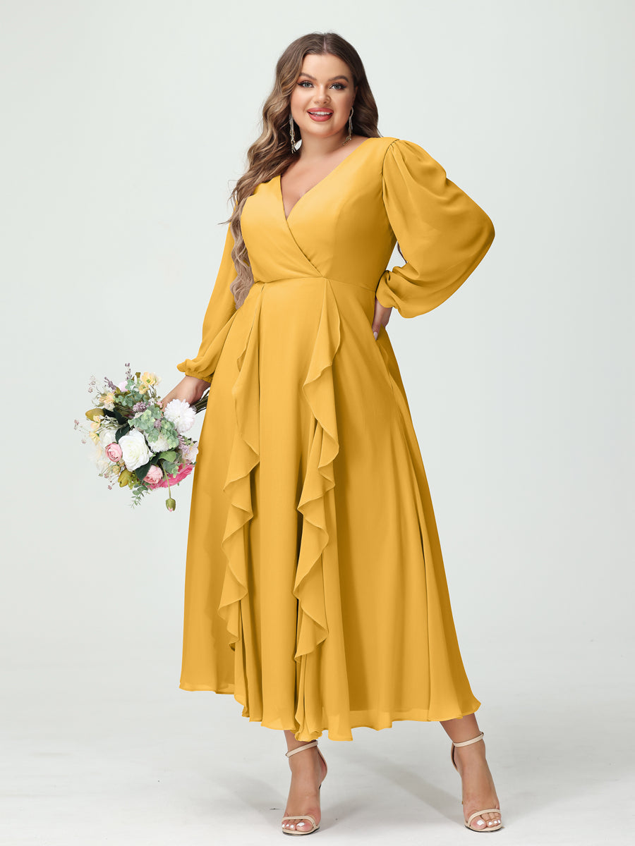 A-Line/Princess/Princess V-Neck Long Sleeves Chiffon Tea-Length Plus Size Bridesmaid Dresses with Pockets & Ruffles