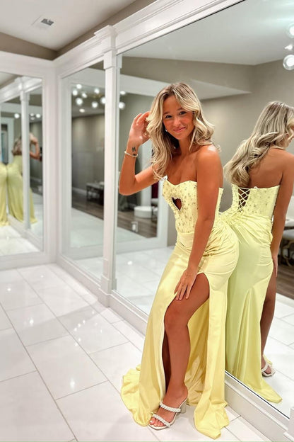 edgynewlook Beautiful Daffodil Satin Sleeveless Strapless Split Prom Dress with Beadings