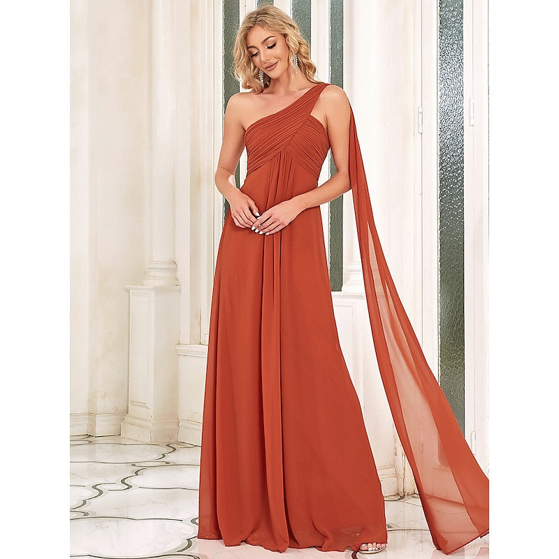 A Line/Princess One Shoulder Floor-Length Sleeveless Wedding Guest Dress