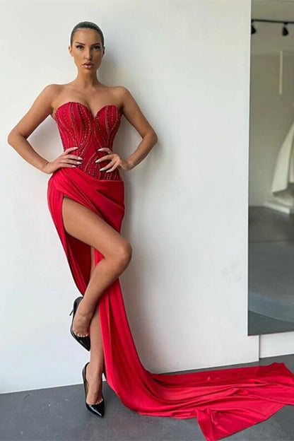 Red Sweetheart Sleeveless Mermaid Beadings Prom Dress With Split PD0725