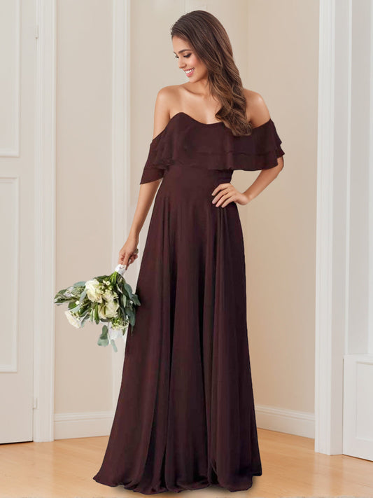 A Line/Princess Strapless Off-the-Shoulder Neck Floor-Length Bridesmaid Dresses with Ruched