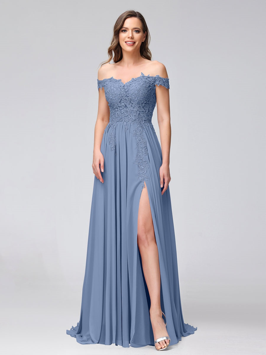 A-Line/Princess Off-the-Shoulder Sleeveless Long Bridesmaid Dresses with Side Slit & Appliqued