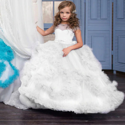 Layered Ruffle Ball Gown Flower Girl Dresses with Rhinestone