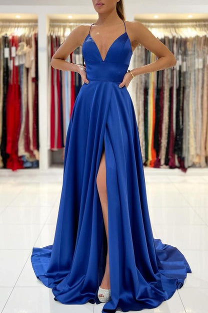 edgynewlook Stunning Royal Blue Modern V-Neck Prom Dress Front Split