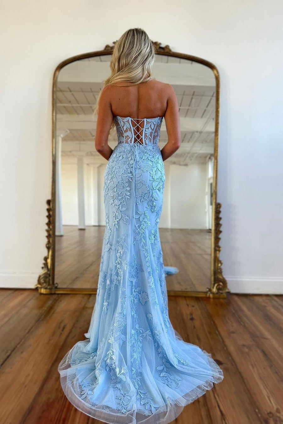 Baby Blue Prom Dress Ball Gown With Mermaid Appliques YL0116