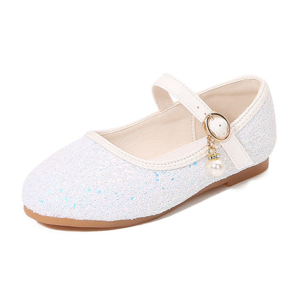 Sparkling Sequins Low Heel Round Toe Minimalist Girl's Shoes with Buckle & Pearl